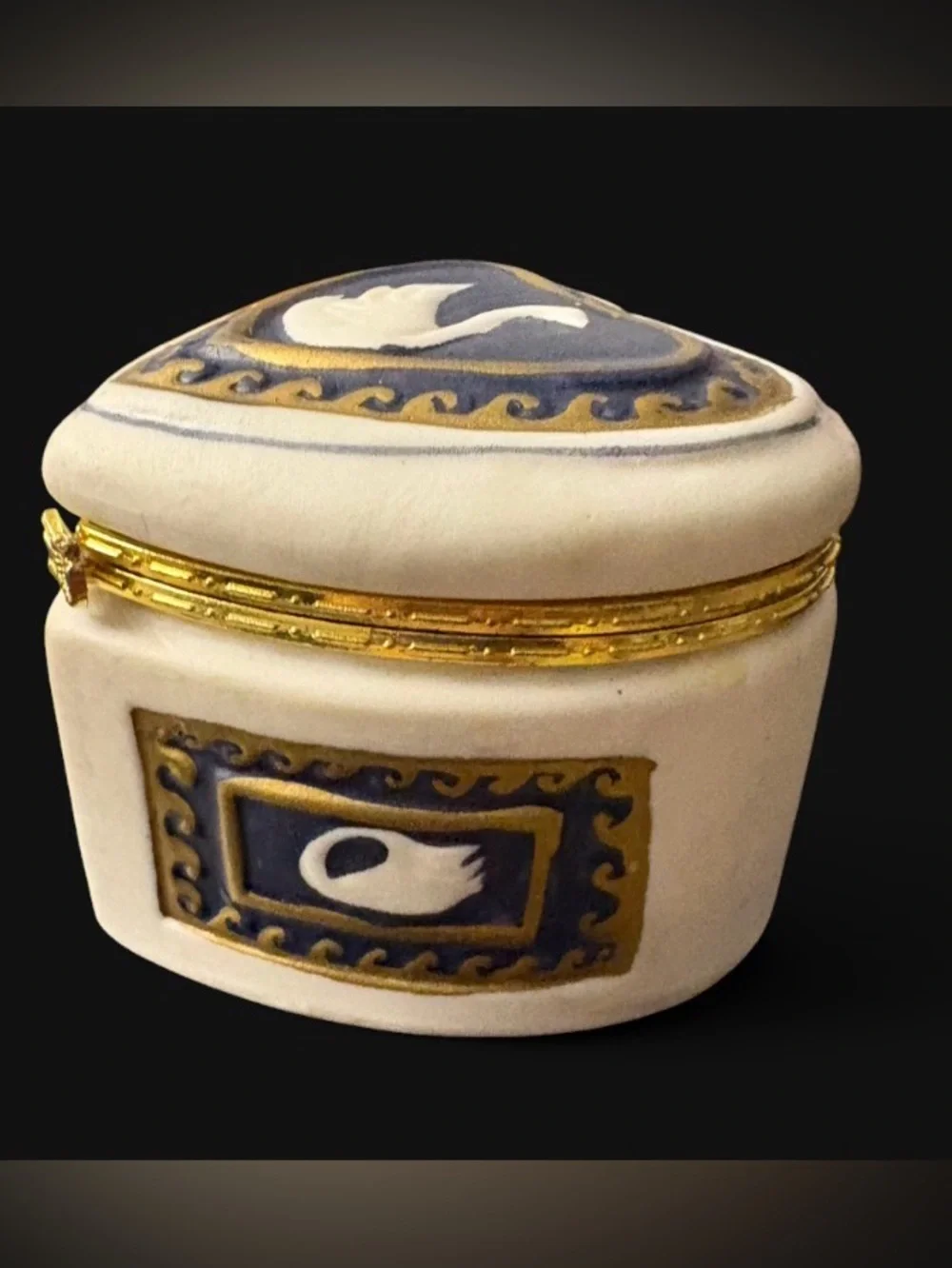 Vintage Porcelain Swan Heart Trinket Box Blue Gold